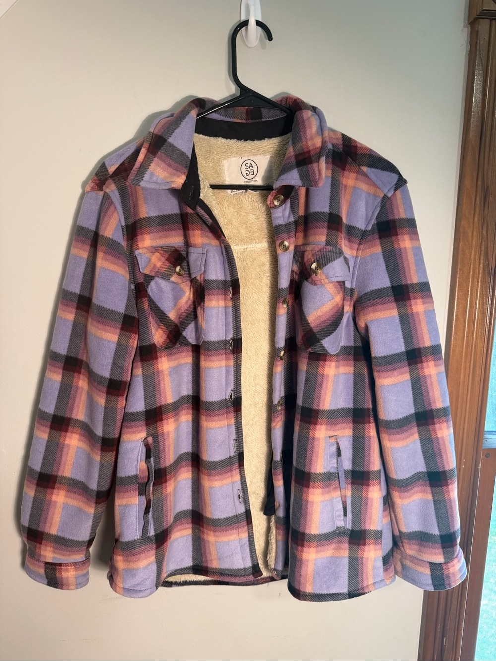 SAGE Collective Women's Plaid Sherpa Lined Shacket Pink/Purple Size Medium